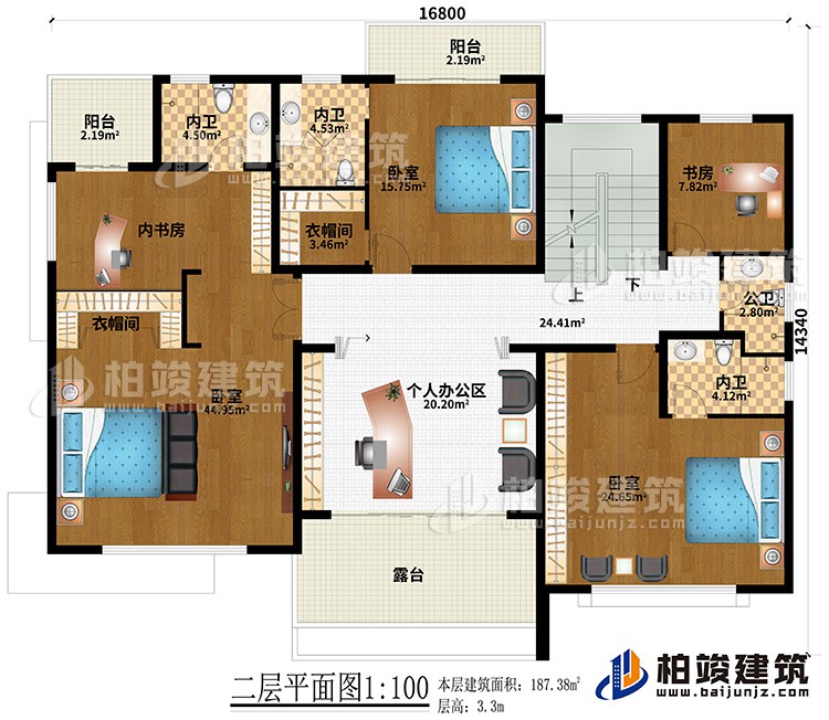 二层：3卧室、2衣帽间、3内卫、内书房、书房、个人办公区、公卫、2阳台、露台